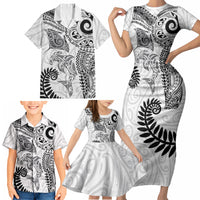 Aotearoa Maori Sea Animals Tribal Family Matching Short Sleeve Bodycon Dress and Hawaiian Shirt Manta Ray and Shark Moko Pattern White Color LT03 - Polynesian Pride