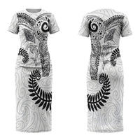 Aotearoa Maori Sea Animals Tribal Family Matching Short Sleeve Bodycon Dress and Hawaiian Shirt Manta Ray and Shark Moko Pattern White Color LT03 Mom's Dress White - Polynesian Pride