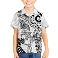 Aotearoa Maori Sea Animals Tribal Family Matching Short Sleeve Bodycon Dress and Hawaiian Shirt Manta Ray and Shark Moko Pattern White Color