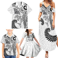 Aotearoa Maori Sea Animals Tribal Family Matching Summer Maxi Dress and Hawaiian Shirt Manta Ray and Shark Moko Pattern White Color