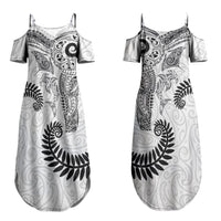Aotearoa Maori Sea Animals Tribal Family Matching Summer Maxi Dress and Hawaiian Shirt Manta Ray and Shark Moko Pattern White Color LT03 Mom's Dress White - Polynesian Pride