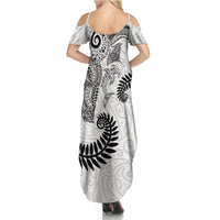 Aotearoa Maori Sea Animals Tribal Family Matching Summer Maxi Dress and Hawaiian Shirt Manta Ray and Shark Moko Pattern White Color