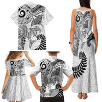 Aotearoa Maori Sea Animals Tribal Family Matching Tank Maxi Dress and Hawaiian Shirt Manta Ray and Shark Moko Pattern White Color LT03 Mom's Dress White - Polynesian Pride
