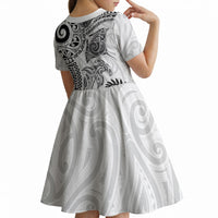 Aotearoa Maori Sea Animals Tribal Kid Short Sleeve Dress Manta Ray and Shark Moko Pattern White Color LT03 - Polynesian Pride