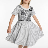 Aotearoa Maori Sea Animals Tribal Kid Short Sleeve Dress Manta Ray and Shark Moko Pattern White Color LT03 - Polynesian Pride