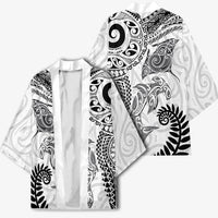 Aotearoa Maori Sea Animals Tribal Kimono Manta Ray and Shark Moko Pattern White Color LT03 - Polynesian Pride