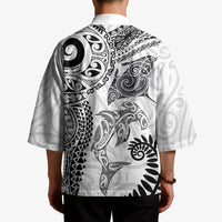 Aotearoa Maori Sea Animals Tribal Kimono Manta Ray and Shark Moko Pattern White Color LT03 - Polynesian Pride