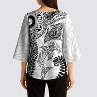 Aotearoa Maori Sea Animals Tribal Kimono Sleeve Blouse Manta Ray and Shark Moko Pattern White Color