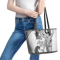 Aotearoa Maori Sea Animals Tribal Leather Tote Bag Manta Ray and Shark Moko Pattern White Color LT03 - Polynesian Pride