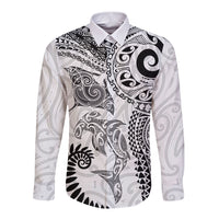 Aotearoa Maori Sea Animals Tribal Long Sleeve Button Shirt Manta Ray and Shark Moko Pattern White Color LT03 Unisex White - Polynesian Pride