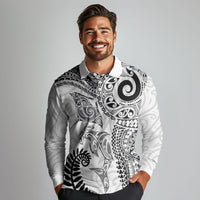 Aotearoa Maori Sea Animals Tribal Long Sleeve Polo Shirt Manta Ray and Shark Moko Pattern White Color