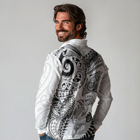 Aotearoa Maori Sea Animals Tribal Long Sleeve Polo Shirt Manta Ray and Shark Moko Pattern White Color