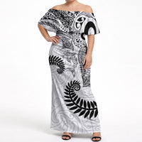Aotearoa Maori Sea Animals Tribal Off Shoulder Maxi Dress Manta Ray and Shark Moko Pattern White Color LT03 Women White - Polynesian Pride