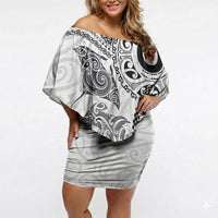 Aotearoa Maori Sea Animals Tribal Off Shoulder Short Dress Manta Ray and Shark Moko Pattern White Color LT03 Women White - Polynesian Pride