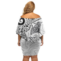 Aotearoa Maori Sea Animals Tribal Off Shoulder Short Dress Manta Ray and Shark Moko Pattern White Color LT03 - Polynesian Pride