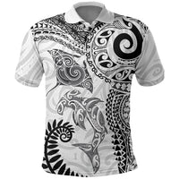 Aotearoa Maori Sea Animals Tribal Polo Shirt Manta Ray and Shark Moko Pattern White Color LT03 White - Polynesian Pride