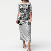 Aotearoa Maori Sea Animals Tribal Puletasi Manta Ray and Shark Moko Pattern White Color LT03 Long Dress White - Polynesian Pride