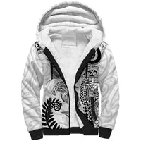 Aotearoa Maori Sea Animals Tribal Sherpa Hoodie Manta Ray and Shark Moko Pattern White Color