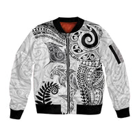 Aotearoa Maori Sea Animals Tribal Sleeve Zip Bomber Jacket Manta Ray and Shark Moko Pattern White Color LT03 Unisex White - Polynesian Pride