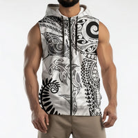 Aotearoa Maori Sea Animals Tribal Sleeveless Zip Hoodie Manta Ray and Shark Moko Pattern White Color