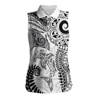 Aotearoa Maori Sea Animals Tribal Women Sleeveless Polo Shirt Manta Ray and Shark Moko Pattern White Color