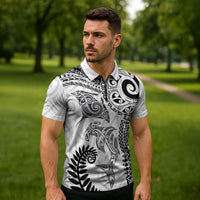 Aotearoa Maori Sea Animals Tribal Zipper Polo Shirt Manta Ray and Shark Moko Pattern White Color