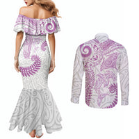 Aotearoa Maori Sea Animals Tribal Couples Matching Mermaid Dress and Long Sleeve Button Shirt Manta Ray and Shark Moko Pattern Pink Color