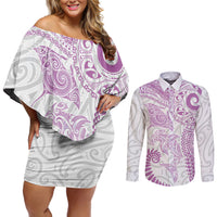 Aotearoa Maori Sea Animals Tribal Couples Matching Off Shoulder Short Dress and Long Sleeve Button Shirt Manta Ray and Shark Moko Pattern Pink Color