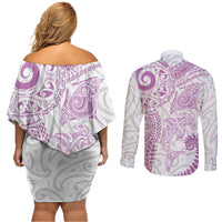Aotearoa Maori Sea Animals Tribal Couples Matching Off Shoulder Short Dress and Long Sleeve Button Shirt Manta Ray and Shark Moko Pattern Pink Color