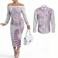 Aotearoa Maori Sea Animals Tribal Couples Matching Off The Shoulder Long Sleeve Dress and Long Sleeve Button Shirt Manta Ray and Shark Moko Pattern Pink Color LT03 Pink - Polynesian Pride