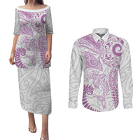 Aotearoa Maori Sea Animals Tribal Couples Matching Puletasi and Long Sleeve Button Shirt Manta Ray and Shark Moko Pattern Pink Color