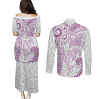 Aotearoa Maori Sea Animals Tribal Couples Matching Puletasi and Long Sleeve Button Shirt Manta Ray and Shark Moko Pattern Pink Color