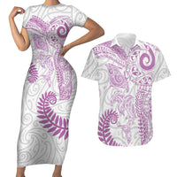 Aotearoa Maori Sea Animals Tribal Couples Matching Short Sleeve Bodycon Dress and Hawaiian Shirt Manta Ray and Shark Moko Pattern Pink Color