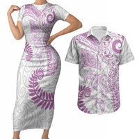 Aotearoa Maori Sea Animals Tribal Couples Matching Short Sleeve Bodycon Dress and Hawaiian Shirt Manta Ray and Shark Moko Pattern Pink Color LT03 Pink - Polynesian Pride
