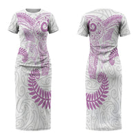 Aotearoa Maori Sea Animals Tribal Couples Matching Short Sleeve Bodycon Dress and Hawaiian Shirt Manta Ray and Shark Moko Pattern Pink Color LT03 - Polynesian Pride