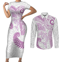 Aotearoa Maori Sea Animals Tribal Couples Matching Short Sleeve Bodycon Dress and Long Sleeve Button Shirt Manta Ray and Shark Moko Pattern Pink Color LT03 Pink - Polynesian Pride
