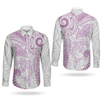 Aotearoa Maori Sea Animals Tribal Couples Matching Short Sleeve Bodycon Dress and Long Sleeve Button Shirt Manta Ray and Shark Moko Pattern Pink Color LT03 - Polynesian Pride