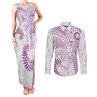 Aotearoa Maori Sea Animals Tribal Couples Matching Tank Maxi Dress and Long Sleeve Button Shirt Manta Ray and Shark Moko Pattern Pink Color