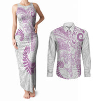 Aotearoa Maori Sea Animals Tribal Couples Matching Tank Maxi Dress and Long Sleeve Button Shirt Manta Ray and Shark Moko Pattern Pink Color LT03 Pink - Polynesian Pride