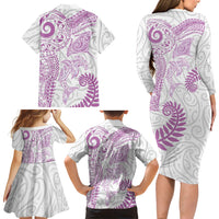 Aotearoa Maori Sea Animals Tribal Family Matching Long Sleeve Bodycon Dress and Hawaiian Shirt Manta Ray and Shark Moko Pattern Pink Color LT03 Mom's Dress Pink - Polynesian Pride