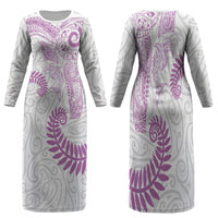 Aotearoa Maori Sea Animals Tribal Family Matching Long Sleeve Bodycon Dress and Hawaiian Shirt Manta Ray and Shark Moko Pattern Pink Color LT03 Mom's Dress Pink - Polynesian Pride