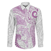 Aotearoa Maori Sea Animals Tribal Family Matching Long Sleeve Bodycon Dress and Hawaiian Shirt Manta Ray and Shark Moko Pattern Pink Color LT03 Daughter's Dress Pink - Polynesian Pride