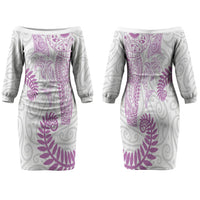 Aotearoa Maori Sea Animals Tribal Family Matching Off The Shoulder Long Sleeve Dress and Hawaiian Shirt Manta Ray and Shark Moko Pattern Pink Color LT03 Mom's Dress Pink - Polynesian Pride