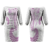 Aotearoa Maori Sea Animals Tribal Family Matching Off The Shoulder Long Sleeve Dress and Hawaiian Shirt Manta Ray and Shark Moko Pattern Pink Color LT03 Mom's Dress Pink - Polynesian Pride