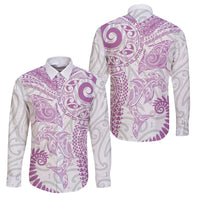 Aotearoa Maori Sea Animals Tribal Family Matching Off The Shoulder Long Sleeve Dress and Hawaiian Shirt Manta Ray and Shark Moko Pattern Pink Color LT03 Dad's Shirt - Long Sleeve Pink - Polynesian Pride