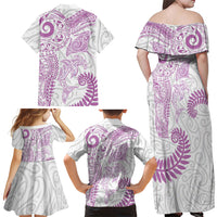 Aotearoa Maori Sea Animals Tribal Family Matching Off Shoulder Maxi Dress and Hawaiian Shirt Manta Ray and Shark Moko Pattern Pink Color LT03 Mom's Dress Pink - Polynesian Pride