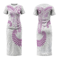 Aotearoa Maori Sea Animals Tribal Family Matching Short Sleeve Bodycon Dress and Hawaiian Shirt Manta Ray and Shark Moko Pattern Pink Color LT03 Mom's Dress Pink - Polynesian Pride