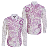 Aotearoa Maori Sea Animals Tribal Family Matching Short Sleeve Bodycon Dress and Hawaiian Shirt Manta Ray and Shark Moko Pattern Pink Color LT03 Dad's Shirt - Long Sleeve Pink - Polynesian Pride