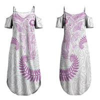 Aotearoa Maori Sea Animals Tribal Family Matching Summer Maxi Dress and Hawaiian Shirt Manta Ray and Shark Moko Pattern Pink Color LT03 Mom's Dress Pink - Polynesian Pride