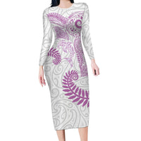 Aotearoa Maori Sea Animals Tribal Long Sleeve Bodycon Dress Manta Ray and Shark Moko Pattern Pink Color LT03 Long Dress Pink - Polynesian Pride